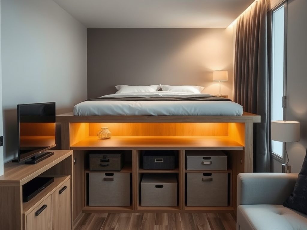 Podest pod łóżko w kawalerce jako sposób na funkcjonalne wydzielenie strefy snu i oszczędność miejsca