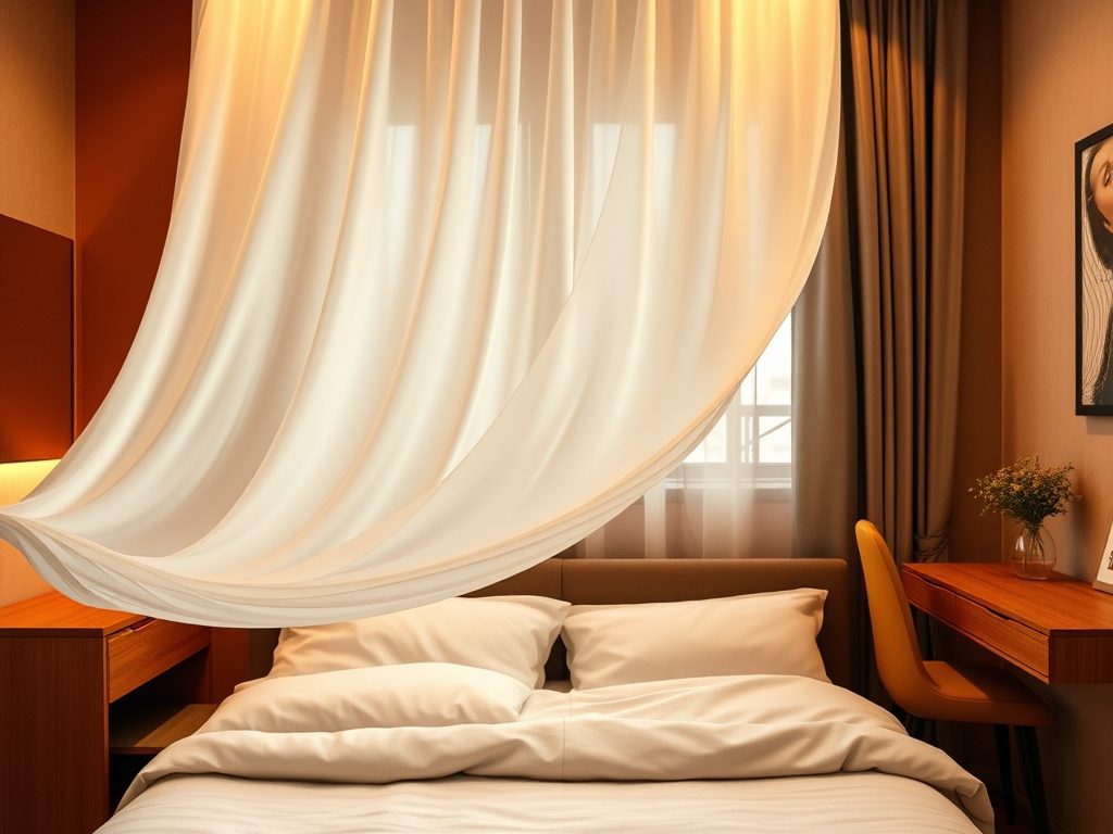 Zasłona przy łóżku w kawalerce jako szybki sposób na wygodne wydzielenie strefy snu i prywatności