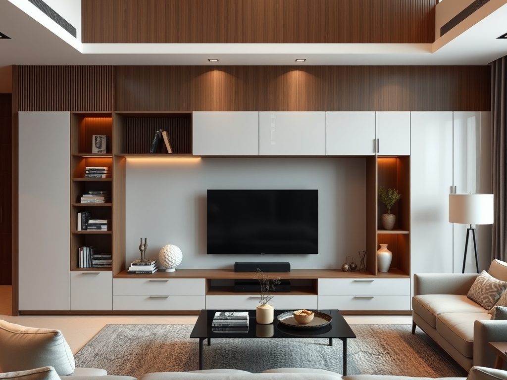 Zabudowa telewizora jako funkcjonalny sposób na wyraźny podział stref w salonie